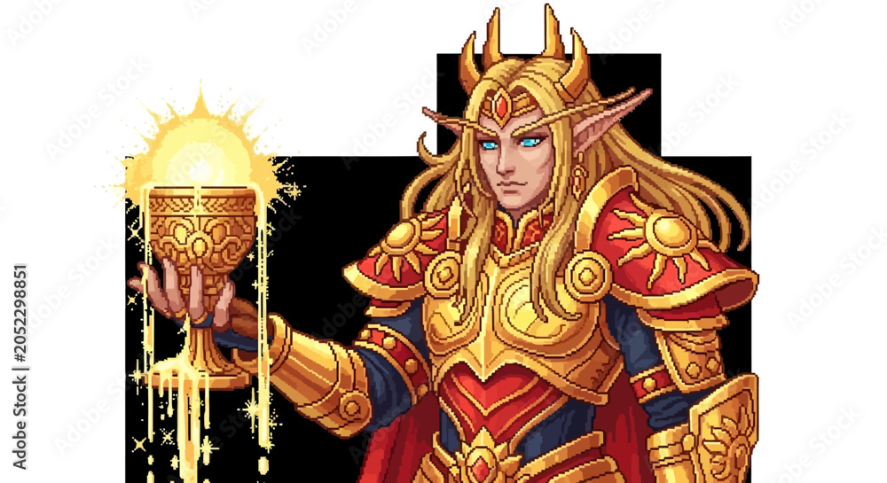 Obraz premium Golden Elf Warrior Holding Luminous Chalice.