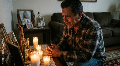 Man Praying in a Home Shrine: A man kneels in prayer before a collection of religious icons and framed photographs, surrounded by flickering candles, evoking a sense of devotion and contemplation.