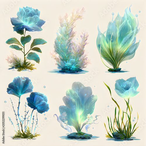 Set of glowing blue magical flowers and plants illustration isolated on white background