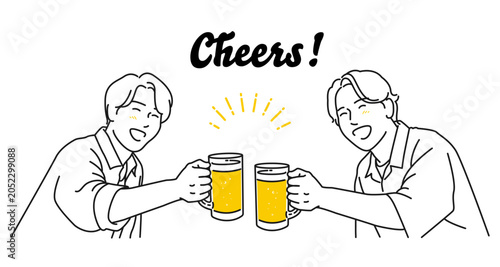 ビールジョッキを手に乾杯する笑顔の男性たちの線画イラスト素材 ベクター 白背景 夏 ビアガーデン