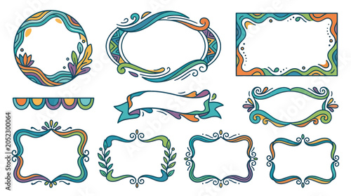 Hand-drawn decorative frames and borders, doodle elements, colorful design set