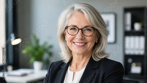 Headshot portrait of smiling senior Caucasian businesswoman in glasses pose in office on working day. Close up profile picture of happy middle-aged female employee or CEO show success at workplace.