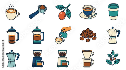 Foto Various coffee brewing methods and equipment illustrated