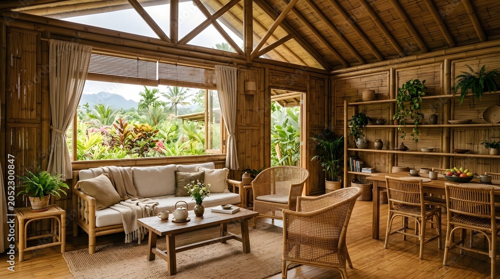 Fototapeta premium Bright and airy tropical living room interior, meticulously designed with natural bamboo and rattan furniture, providing a luxurious yet tranquil connection to nature
