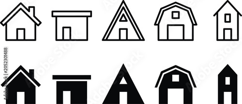 Set of house icons, including traditional suburban homes, modern flat roof buildings, aframe cabins, and rustic barns, in both outline and solid styles
