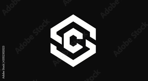 Bild auf Leinwand Black background with a white hexagonal geometric logo containing stylized C s