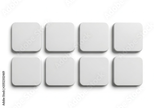 Collection of eight minimalist square buttons with subtle shadows