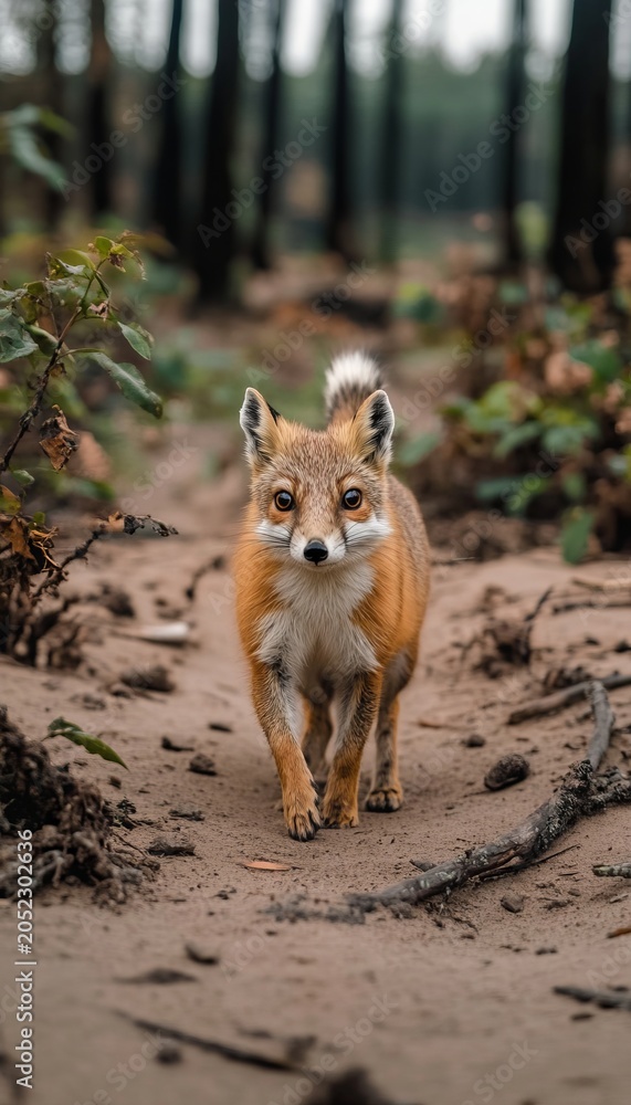 Fototapeta premium A Majestic Fox Roaming Through a Serene Forest, Capturing the Essence of Wilderness and Nature