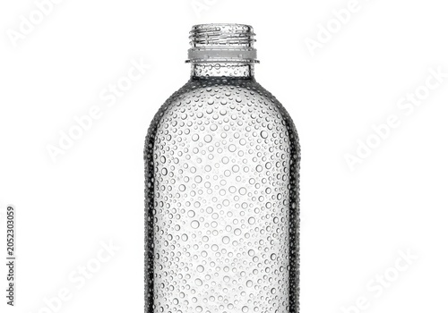 A clear, reusable plastic beverage container, featuring condensation droplets across its surface, stands ready for filling with refreshing liquid to quench thirst during warmer weather