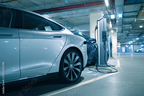 Electric vehicle charging point inside an underground parking garage, showing green transportation and smart city infrastructure.