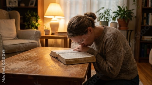 Quiet Devotion: A woman finds solace in quiet contemplation, her head bowed in prayer over an open sacred text in the warm, ambient light of her home.