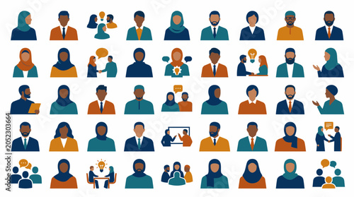 Diverse group of people and professional icons featuring hijabs and business attire.
