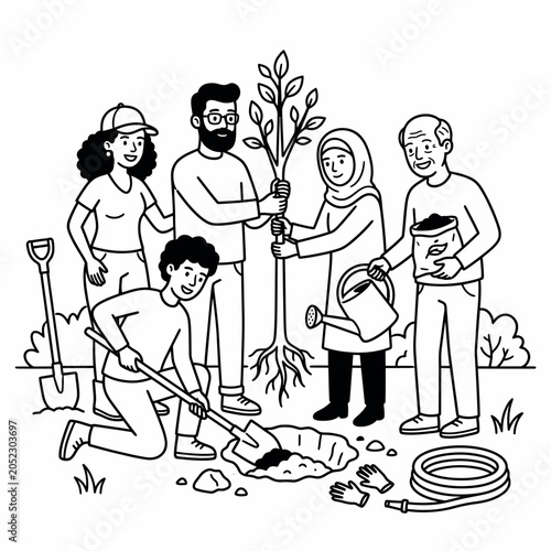 Diverse group of people working together to plant a tree in a community garden.