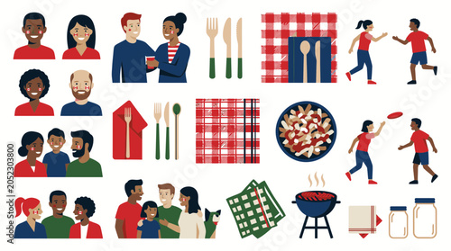 Diverse people and summer picnic icons set including food and grill.