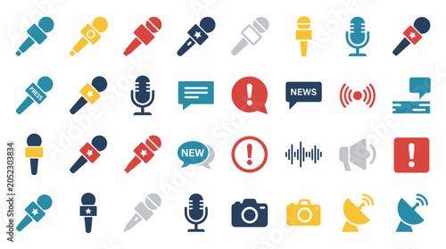 Diverse set of media and communication icons including microphones and news symbols.
