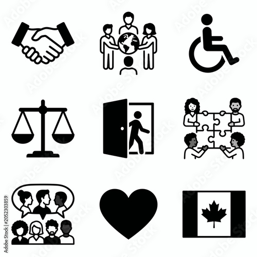 Diverse social community and inclusion icons in black line art.