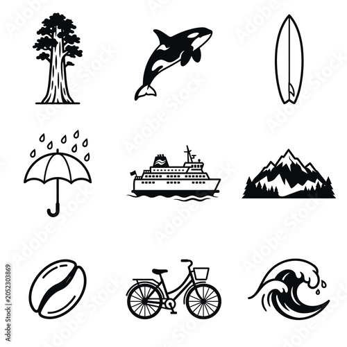 Diverse set of outdoor adventure and travel lifestyle minimalist line icons.