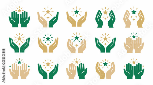 Diversity hands in various skin tones holding up bright glowing achievement stars.