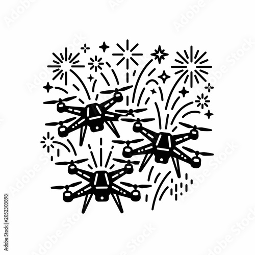 Drones flying with fireworks display in black and white line art.