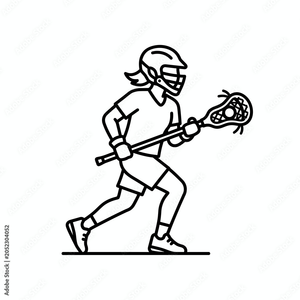 Fototapeta premium Female lacrosse player running with a stick in line art style.