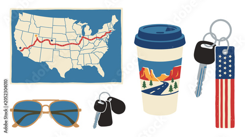 Essential American road trip travel icons with USA map, coffee, and car keys.