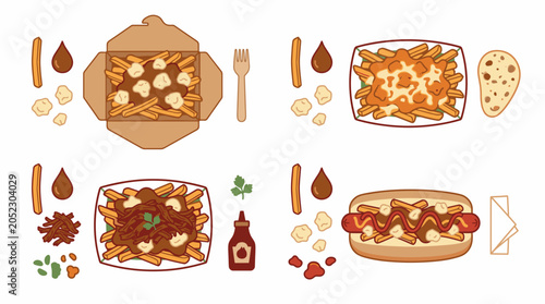 Fast food takeout and delivery icons with fries and poutine