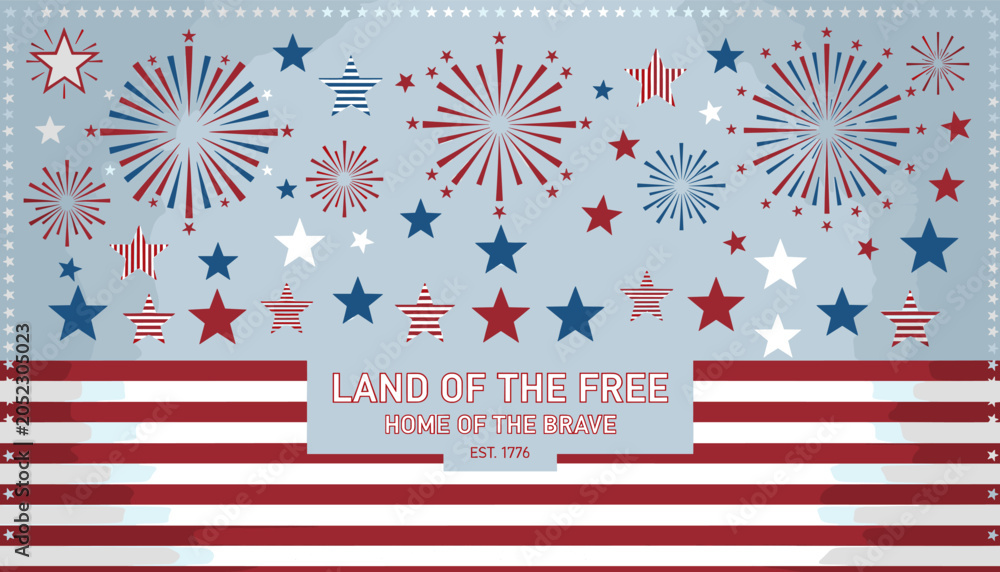 Obraz premium A patriotic illustration featuring fireworks, stars, and stripes, celebrating the USA with the text 