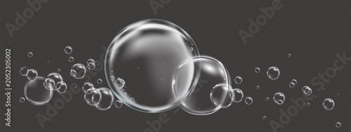 Bubble foam isolated on background.3d Realistic transparent soap bubbles, liquid texture,water effect. Cosmetic purity concept for cleaning products,hygiene advertising,beauty branding,design creative