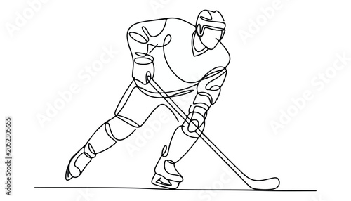 Photography One continuous line illustration of an ice hockey , isolated on white background