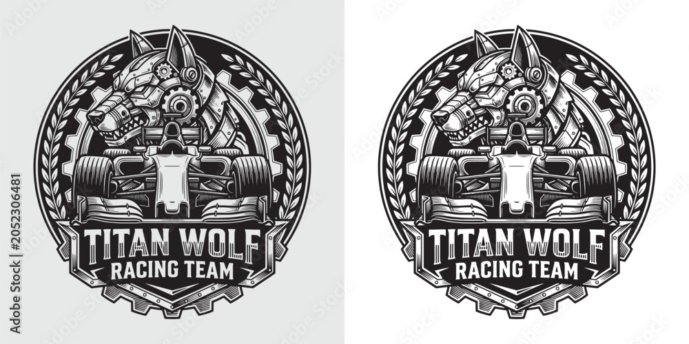 Obraz premium Mecha Titan Wolf Racing Team Emblem with Formula One Car