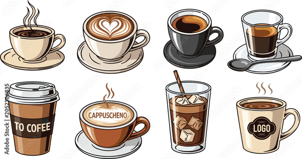 Obraz premium Coffee Drink Vector Set with Hot Espresso, Cappuccino Latte Art, Iced Coffee with Ice Cubes, and Takeaway Paper Cup for Cafe Branding