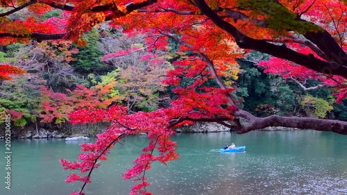 紅葉の京都渡月橋前の桂川で船遊び　
