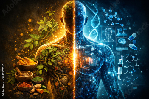 split-view of human silhouette Ayurvedic herbal, botanical elements with laboratory science, DNA strands, pills syringe to illustrate holistic health, alternative medicine modern biotechnology