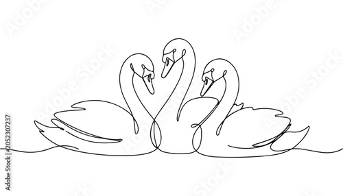 Fotografie Continuous Simple black line art drawing set of swan bird in a minimalist style on a white background