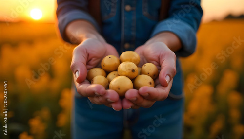 farmer holding many yellow fruits in the hands with sunset in the background