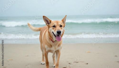 a happy dog with tongue out is walking on the beach near the sea