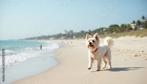 a small white dog with a red collar running happily on a sandy beach beside the ocean. The dog's tail is curled over its back, and it has a joyful expression.