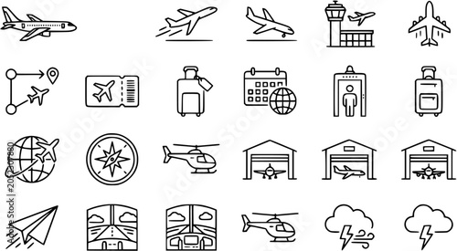 Black and white line art icons of aviation and travel, including airplanes, luggage, tickets, and weather.