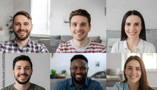 a collage of six smiling faces, each in a separate frame, suggesting a video conference or online meeting. The people appear friendly and professional, with diverse backgrounds and ethnicities