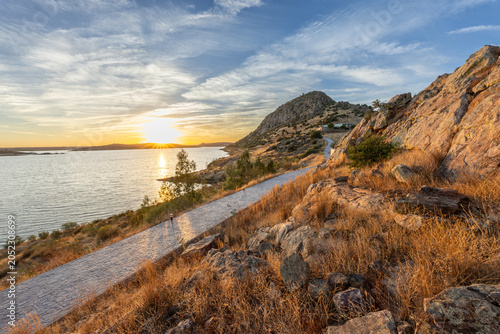 Sun Sets Over Water Reservoir in Alange, Extremadura, Spain