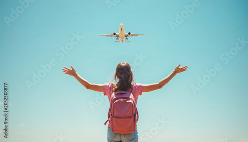 a young woman with outstretched arms welcoming an airplane in a clear blue sky. She wears a backpack, signifying travel and adventure