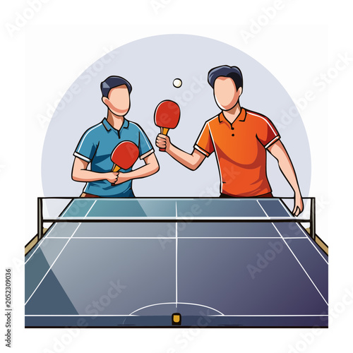Two people playing table tennis with paddles and ball