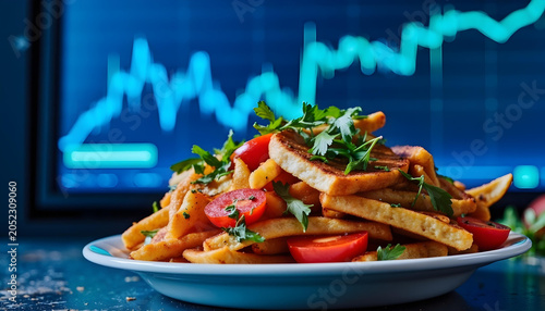 a plate of french fries and tomatoes with a stock market graph in the background