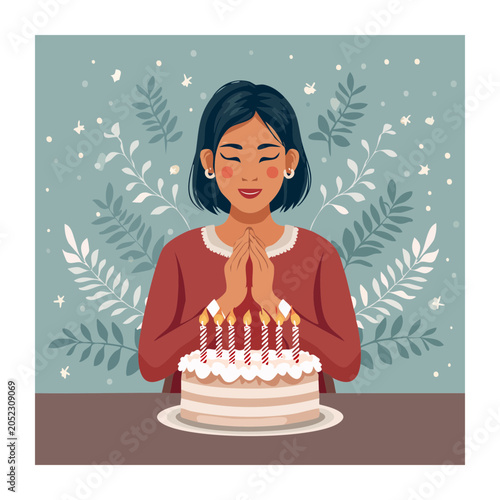 Woman praying with birthday cake and candles