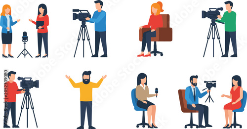 Media Production and Television Interview Collection Set Featuring Reporters Cameramen Broadcasting Journalism and News Coverage Illustrations