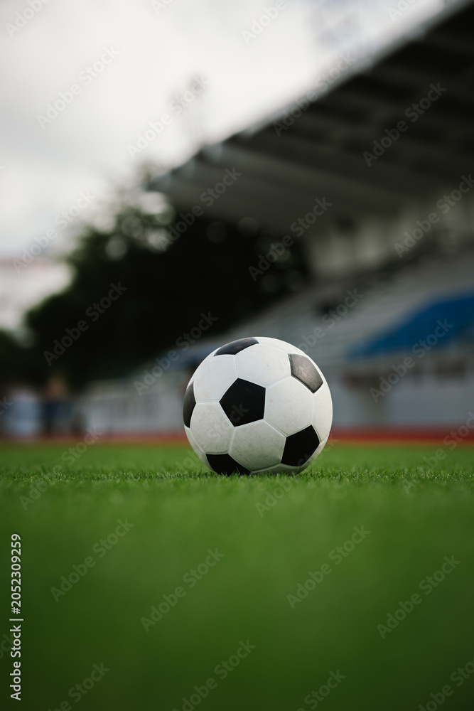 Naklejka premium A soccer ball rests on a green field with a blurred stadium background, representing football competition, teamwork, athletic performance, and the spirit of the game.
