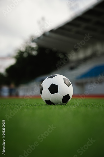 A soccer ball rests on a green field with a blurred stadium background, representing football competition, teamwork, athletic performance, and the spirit of the game.