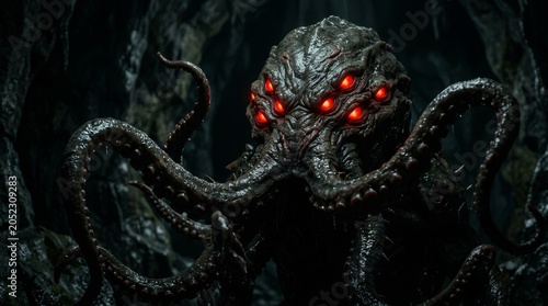 A terrifying space monster with bright red eyes and numerous tentacles emerging from the dark depths. On a black background. Copy space.