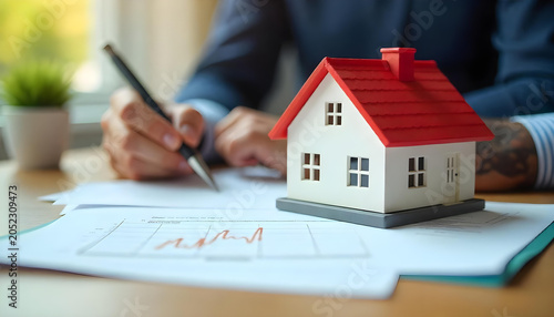 a close-up shot of a person signing a document next to a miniature house model, suggesting real estate transaction or homeownership.