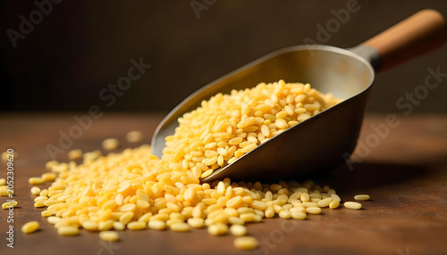 a metal scoop filled with yellow lentils, with some scattered on a wooden surface. This image evokes a sense of healthy eating and culinary ingredients